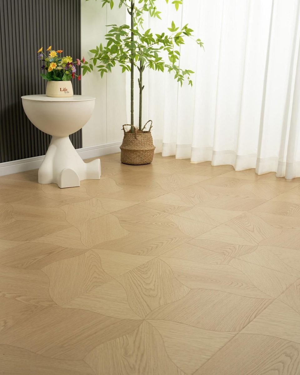 Light oak patterned parquet flooring in a bright living room